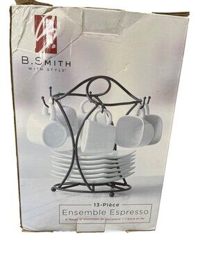 B. Smith 13 piece espresso set ceramic white black rack SKU 10-589